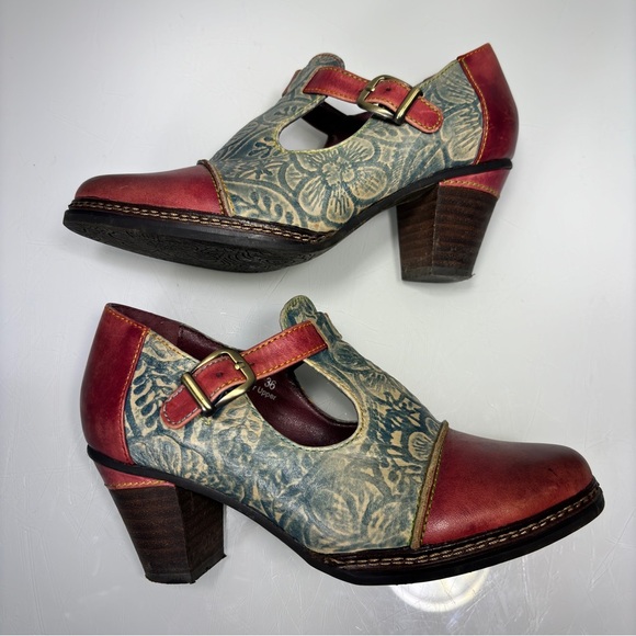 L'Artiste Spring Step Susana Red Green Floral Print Leather Heeled Booties Sz 36 - Picture 6 of 12